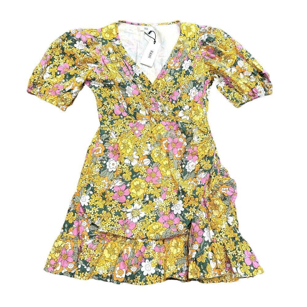 RAHI Puff Shoulder Floral Print Petra Dress in Yellow Floral, Size M​​​​